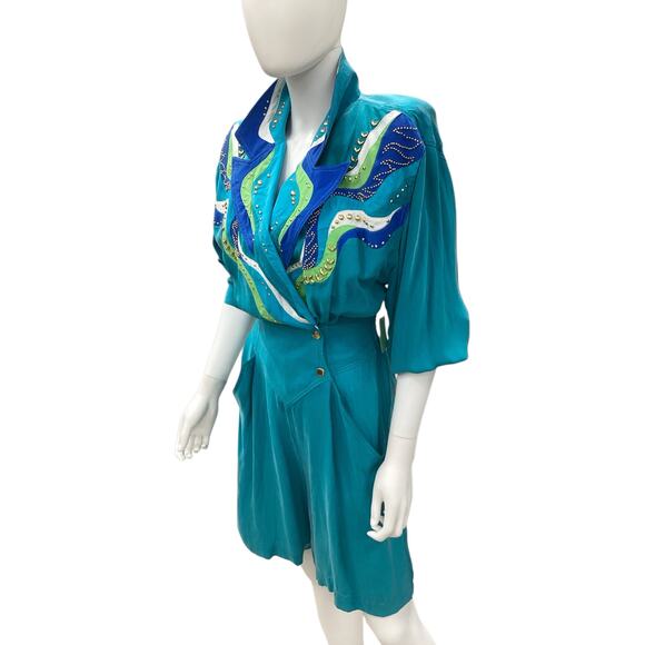 VTG Caché Romper Women’s SZ S Silk Gold Bling Design Very Cool Piece Turquoise - Picture 2 of 6